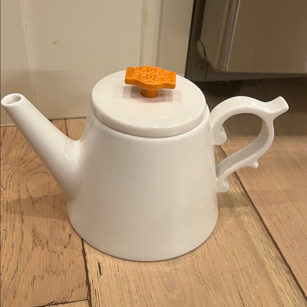 Tazo White Ceramic Teapot with Orange Knob
